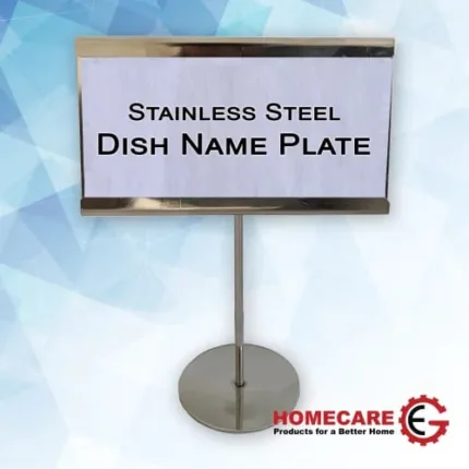 Stainless steel dish name plate displaying food name on buffet table.